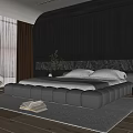 Modern Bedroom Design With Tufted Bed Dark Striped Accent Wall And Large Windows