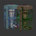 Industrial Processing Equipment With Blue And Brown Metal Frames Pipes And Platforms