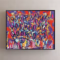 Vibrant Abstract Painting Featuring Dark Blue Background Colorful Splatters And Dynamic Brush Strokes