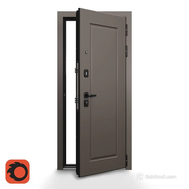 Modern Gray Swing Door With Black Handle And Metal Frame Design 3d model 