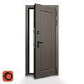 Modern Gray Swing Door With Black Handle And Metal Frame Design