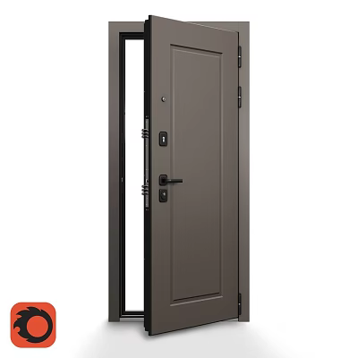 Modern Gray Swing Door With Black Handle And Metal Frame Design 3d model