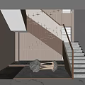 Modern Staircase Interior With Glass Railing Metal Frame Pendant Lights And Decorative Sculpture