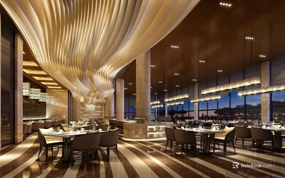 Elegant Modern Restaurant Interior With Unique Curved Ceiling Decor Dining Tables And Large Windows 3d model 