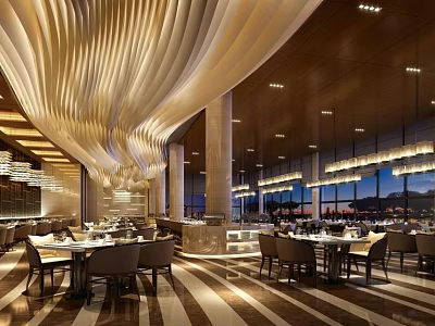 Elegant Modern Restaurant Interior With Unique Curved Ceiling Decor Dining Tables And Large Windows 3d model