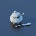 White Ceramic Dining Tableware Set With Covered Jar And Serving Spoon 3d model