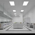 Commercial Kitchen With White Tiled Walls Stainless Steel Refrigerators Worktable Gray Floor Tiles Recessed Lights