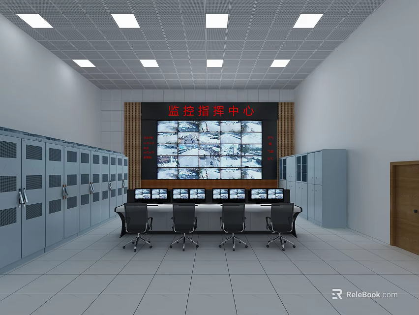 Monitoring Room Interior With Multiple Surveillance Screens Control Console And Equipment Cabinets 3d model 