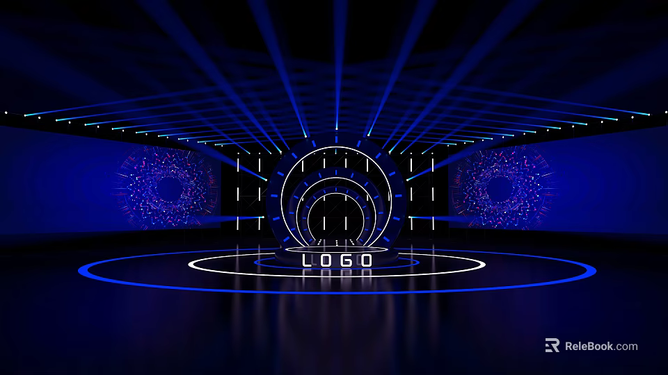 Modern Stage Design With Circular Logo Structure Blue Lighting Starry Backdrop And Reflective Floor 3d model 