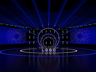 Modern Stage Design With Circular Logo Structure Blue Lighting Starry Backdrop And Reflective Floor 3d model