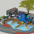 Octopus Themed Children's Play Structure With Pirate Hat And Yellow Slides In Water Playground
