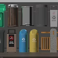 Public Trash Cans With Various Designs And Recycling Symbols For Outdoor Areas