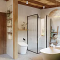 Serene Bathroom Interior With Wooden Ceiling Rattan Pendant Light Green Plant Round Mirror And White Sink