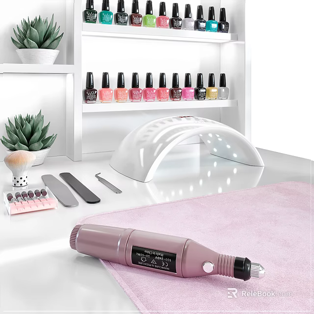 Professional Manicure Station With UV Lamp Nail Polish Tools And Succulent Plants On White Shelf 3d model 