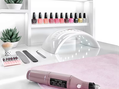 Professional Manicure Station With UV Lamp Nail Polish Tools And Succulent Plants On White Shelf 3d model
