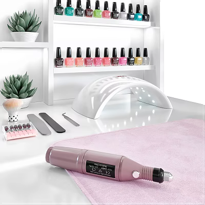 Professional Manicure Station With UV Lamp Nail Polish Tools And Succulent Plants On White Shelf 3d model