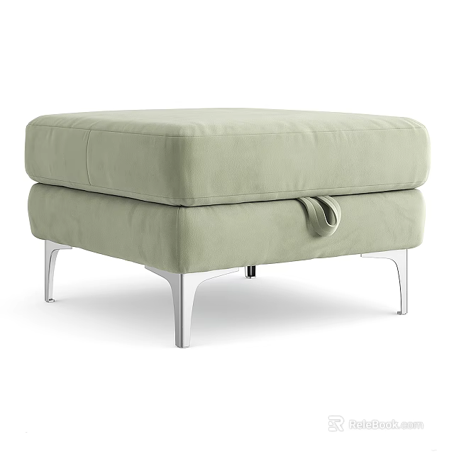 Modern Light Green Velvet Upholstered Ottoman With Metal Legs And Side Strap Design 3d model 
