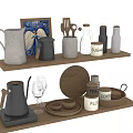 Stylish Kitchenware Arranged On Wooden Shelves With Pitcher Mugs Spoons Jars And Glasses
