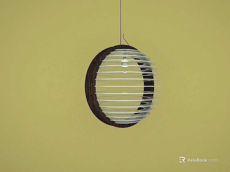 Circular Pendant Light with Dark Wooden Frame and White Slats on Yellow Wall 3d model 