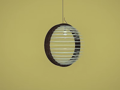 Circular Pendant Light with Dark Wooden Frame and White Slats on Yellow Wall 3d model