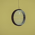 Circular Pendant Light with Dark Wooden Frame and White Slats on Yellow Wall
