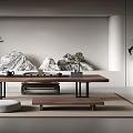 Zen Style Tea Room Interior With Wooden Table Stone Decorations And Hanging Lamp