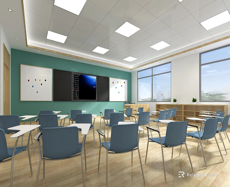Bright Classroom With Green Walls Blue Chairs White Desks And Blackboard Windows 3d model 