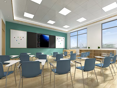 Bright Classroom With Green Walls Blue Chairs White Desks And Blackboard Windows 3d model