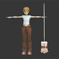 Young Blonde Character Wearing White Shirt And Brown Pants Standing With Open Arms By Mop