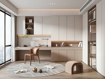 Modern Study Room Interior With Wooden Desk Comfortable Chair Built-in Bookshelves And Large Windows 3d model