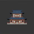 Cartoon Scene Featuring Two Story Chinese Style Building Blue Roof Red Frame Railings Steps