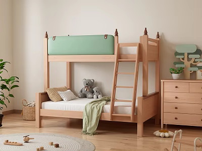 Kids Room Wooden Bunk Bed With Green Padded Top Ladder Stuffed Toys Blanket And Dresser 3d model