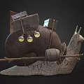Ornate Giant Snail Carrying Wooden Barrel Boxes Bells Glass Orbs And Flag