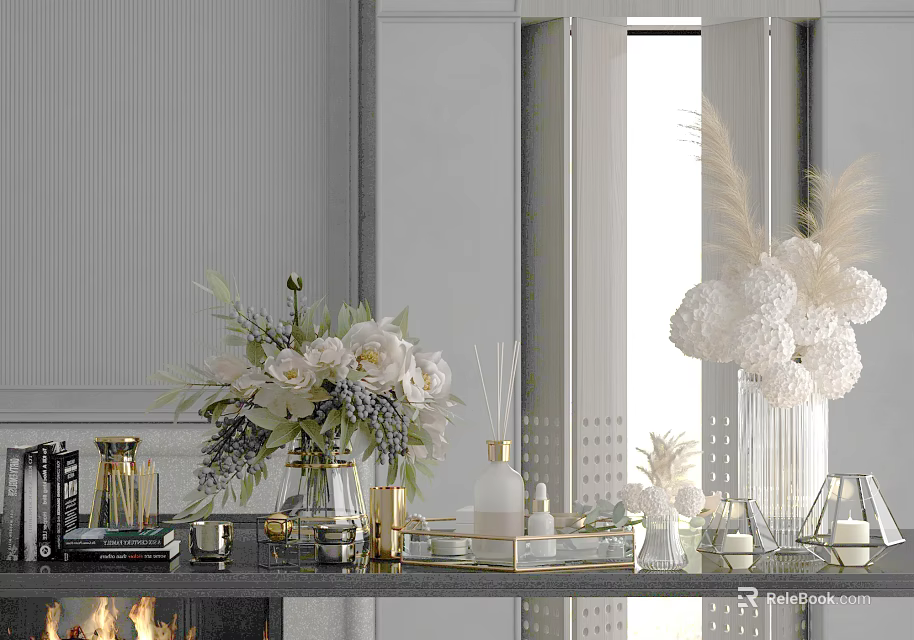Modern Decorative Ornament Set With Glass Vases White Flowers And Gold Accents 3d model 
