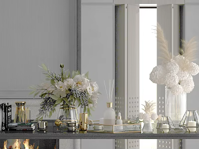 Modern Decorative Ornament Set With Glass Vases White Flowers And Gold Accents 3d model