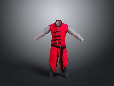 Red Traditional Chinese Vest Outfit With White Long Sleeve Inner And Black Frog Buttons 3d model