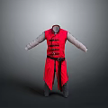 Red Traditional Chinese Vest Outfit With White Long Sleeve Inner And Black Frog Buttons