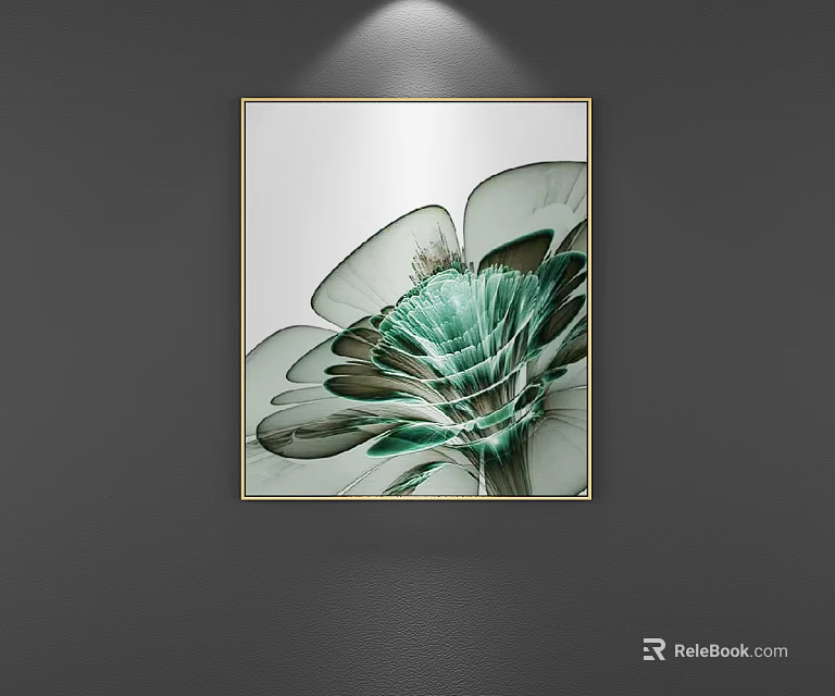 Decorative Wall Art With Green Feather Pattern And Gold Frame On Gray Wall 3d model