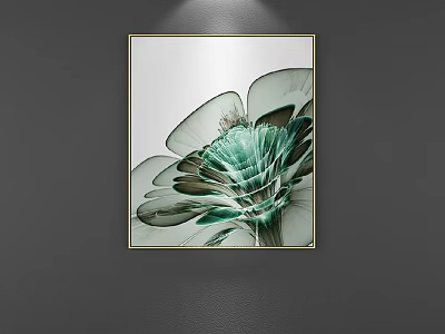 Decorative Wall Art With Green Feather Pattern And Gold Frame On Gray Wall 3d model