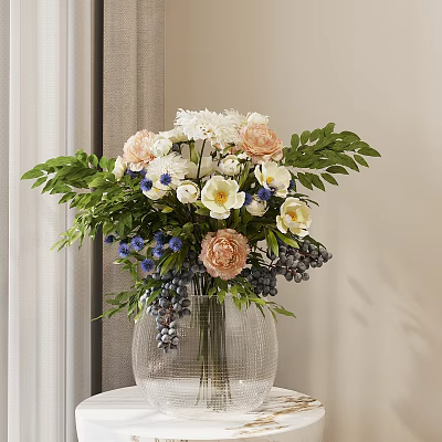 Bonsai Plant in Clear Glass Vase with White Pink Blue Flowers Green Leaves Purple Berries 3d model