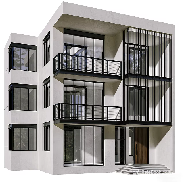 Modern Single Family House Exterior With Large Windows Black Balcony Railings And Wooden Door 3d model 