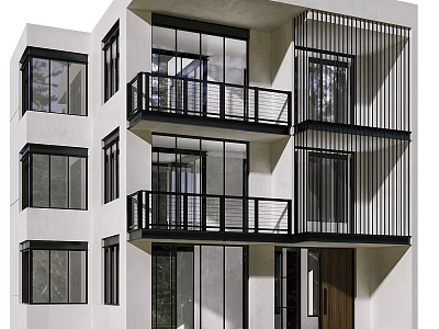 Modern Single Family House Exterior With Large Windows Black Balcony Railings And Wooden Door 3d model