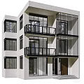 Modern Single Family House Exterior With Large Windows Black Balcony Railings And Wooden Door