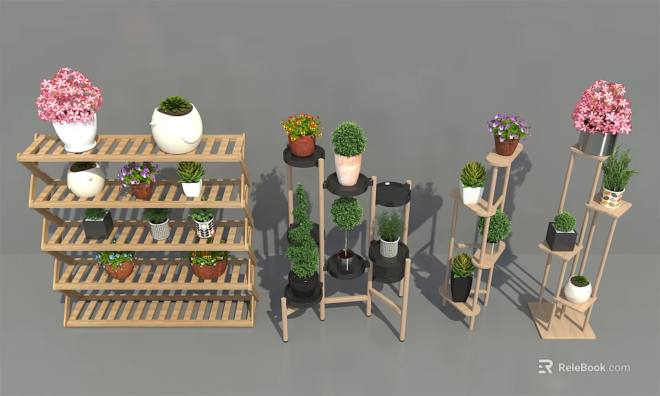 Garden Decor With Multi-tiered Wooden Plant Stands And Various Potted Succulents 3d model 