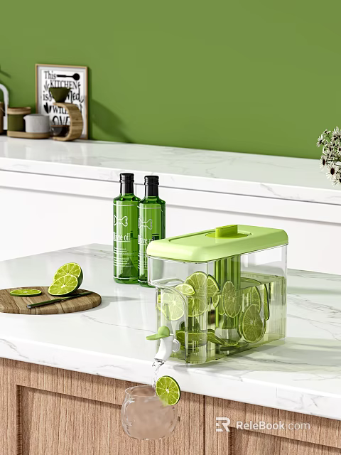 White Kitchen Countertop With Green Bottles Lemon Slicer And Wooden Cutting Board 3d model 