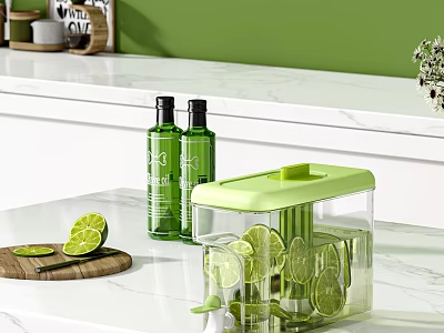 White Kitchen Countertop With Green Bottles Lemon Slicer And Wooden Cutting Board 3d model