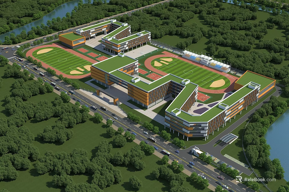 Modern School Building Complex With Green Campus Sports Fields And Trees 3d model 