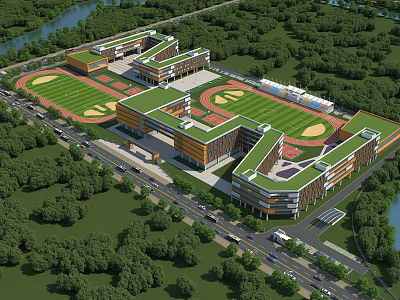 Modern School Building Complex With Green Campus Sports Fields And Trees 3d model