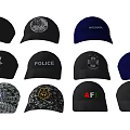Variety of Baseball Caps with Different Logos Police Fire Emblems and Camouflage Patterns