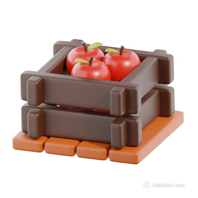 Fresh Red Apples in Stacked Wooden Crate on Brick Like Base 3d model 